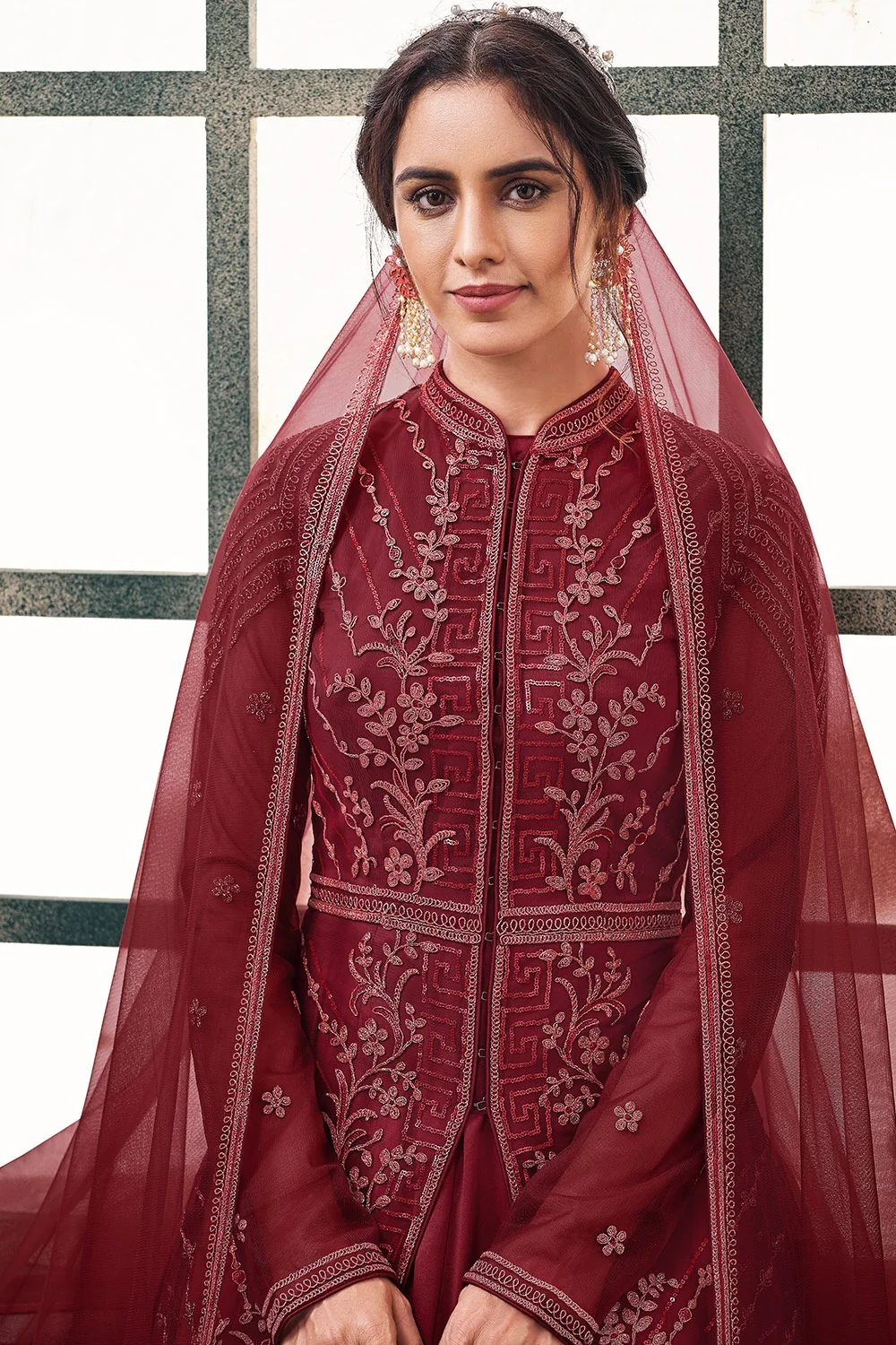 Wedding Party Slit Cut Maroon Net Designer Anarkali Suit - Image 4