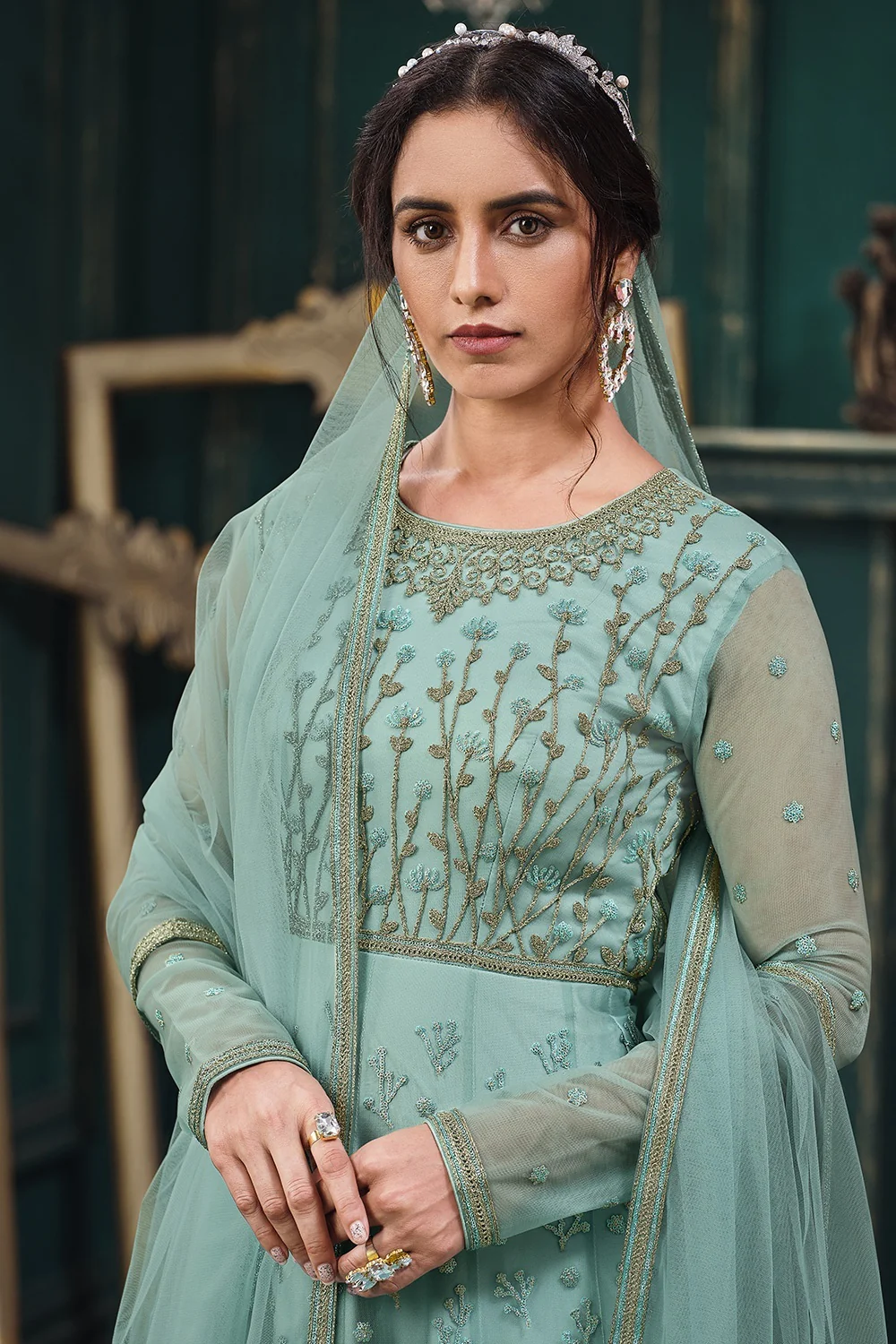 Wedding Party Turquoise Blue Net Designer Anarkali Suit - Image 2