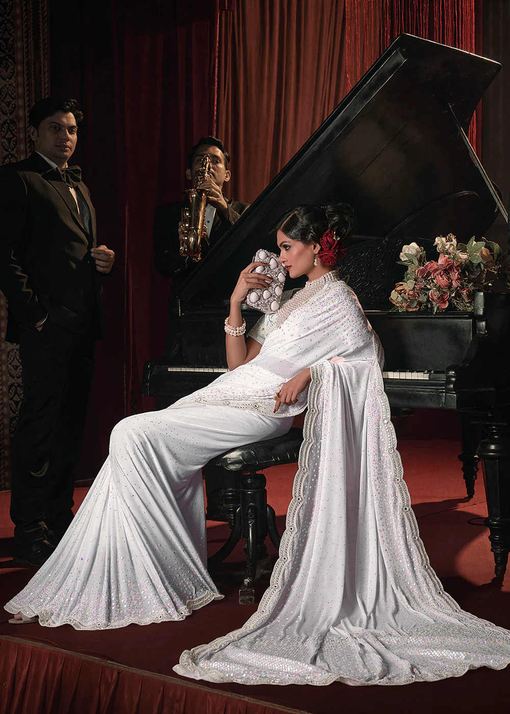 Wedding Party White Net Embroidered Designer Saree - Image 3
