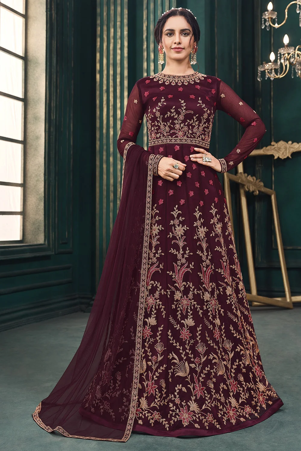 Wedding Party Wine Maroon Net Designer Anarkali Suit