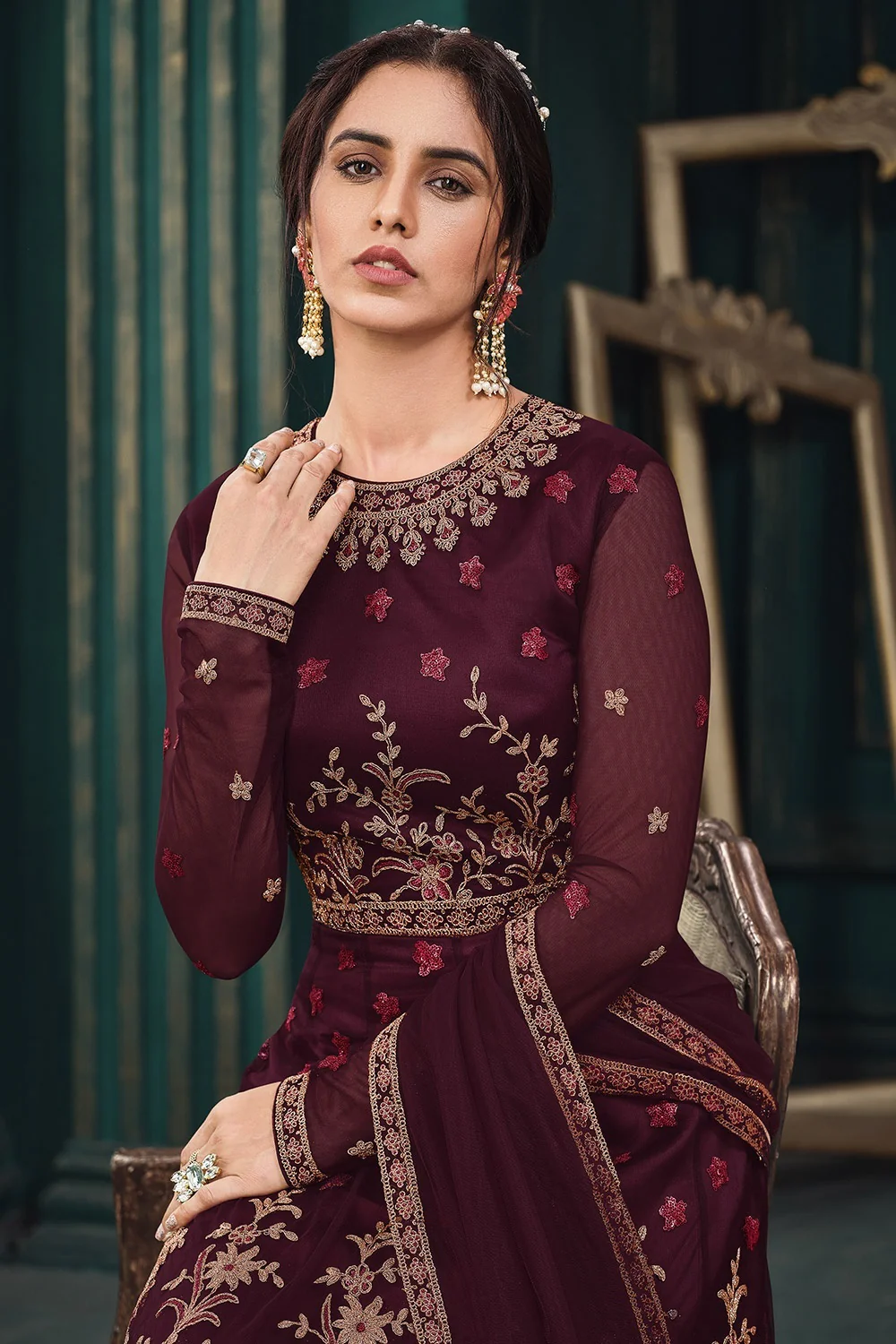 Wedding Party Wine Maroon Net Designer Anarkali Suit - Image 2
