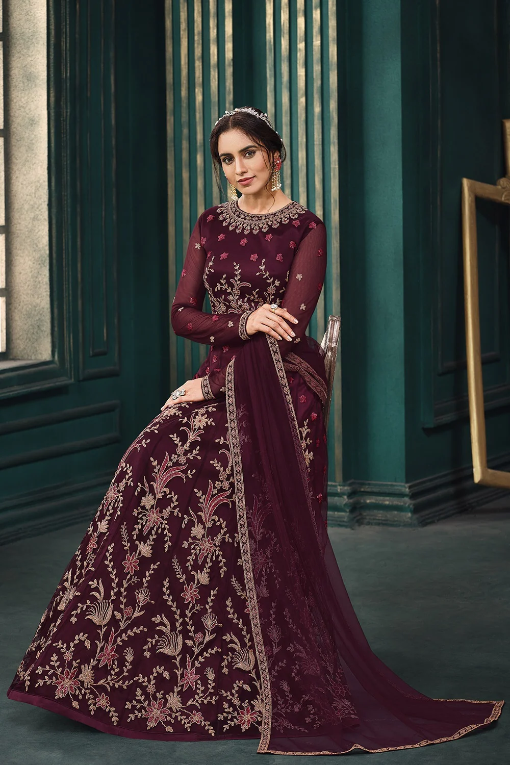 Wedding Party Wine Maroon Net Designer Anarkali Suit - Image 3