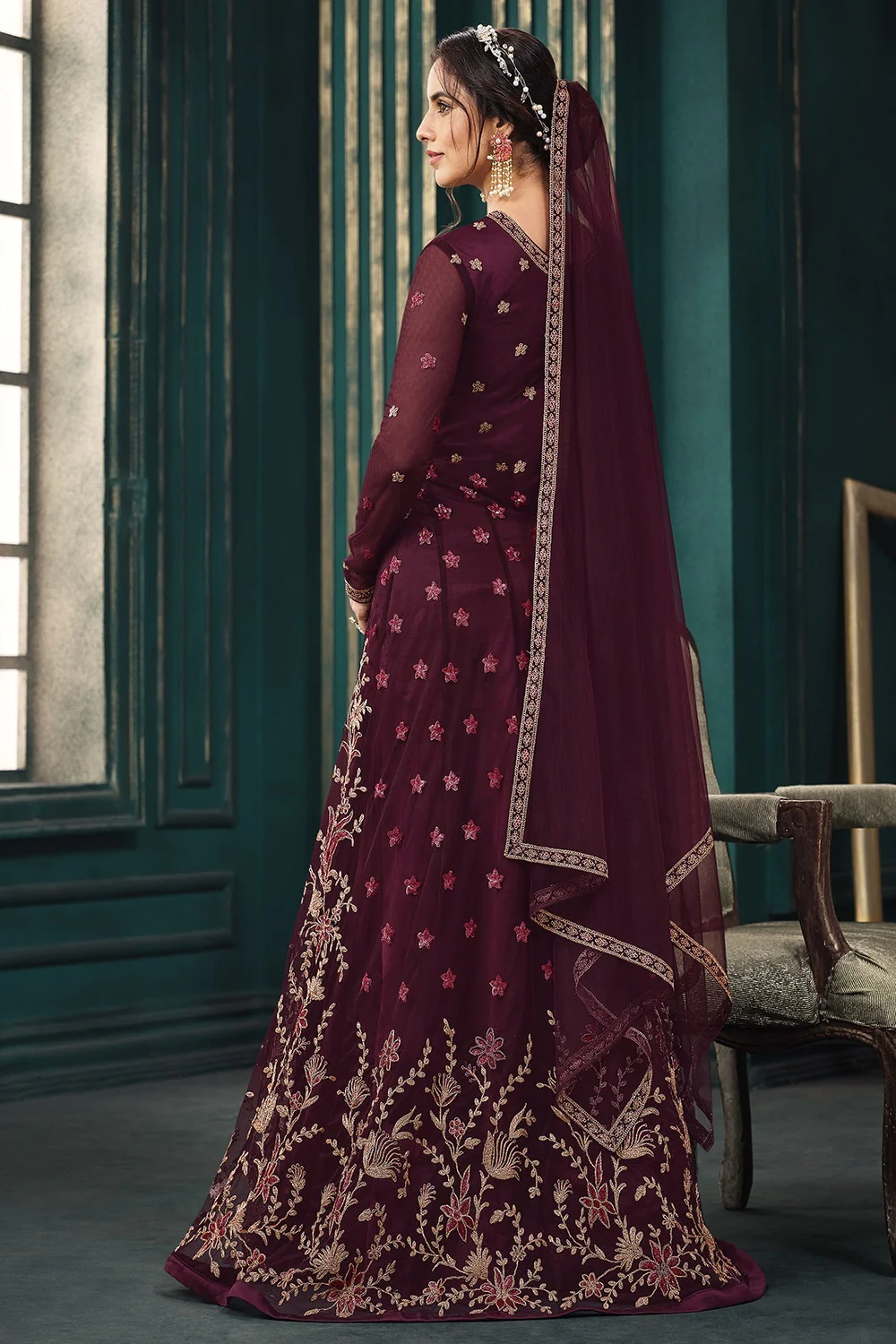 Wedding Party Wine Maroon Net Designer Anarkali Suit - Image 4