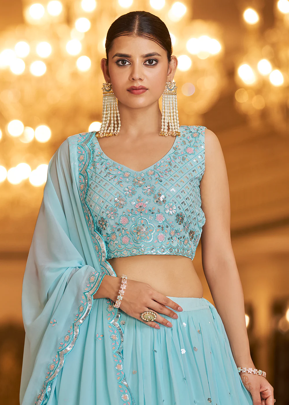 Wedding Reception Excellent Sky Blue Trendy Lehenga Choli - Image 2