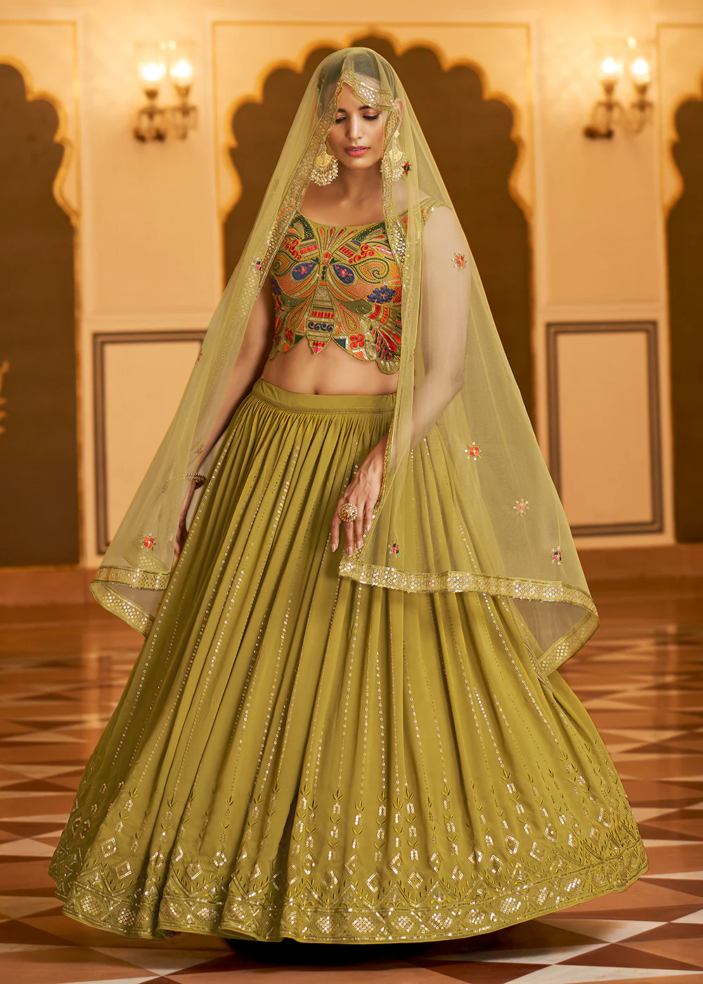 Wedding Reception Fluorescent Green Trendy Lehenga Choli - Image 3