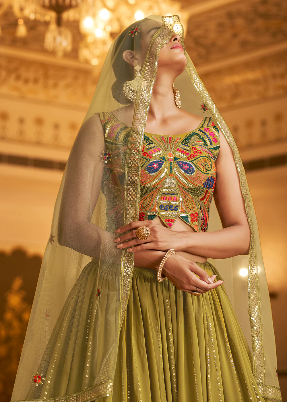 Wedding Reception Fluorescent Green Trendy Lehenga Choli - Image 4