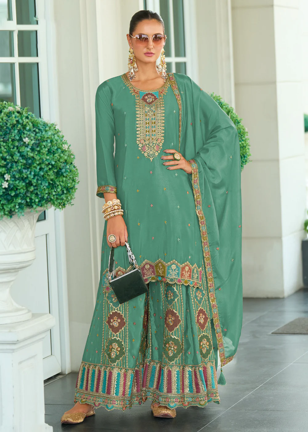 Wedding Style Chinnon Mint Teal Embroidered Palazzo Suit