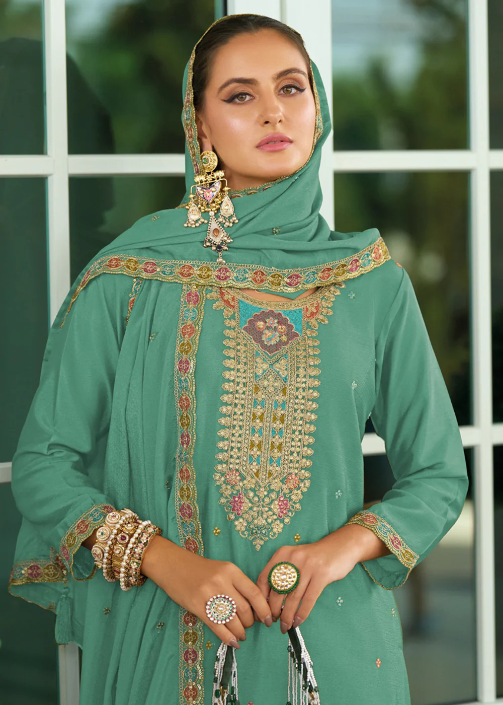 Wedding Style Chinnon Mint Teal Embroidered Palazzo Suit - Image 2