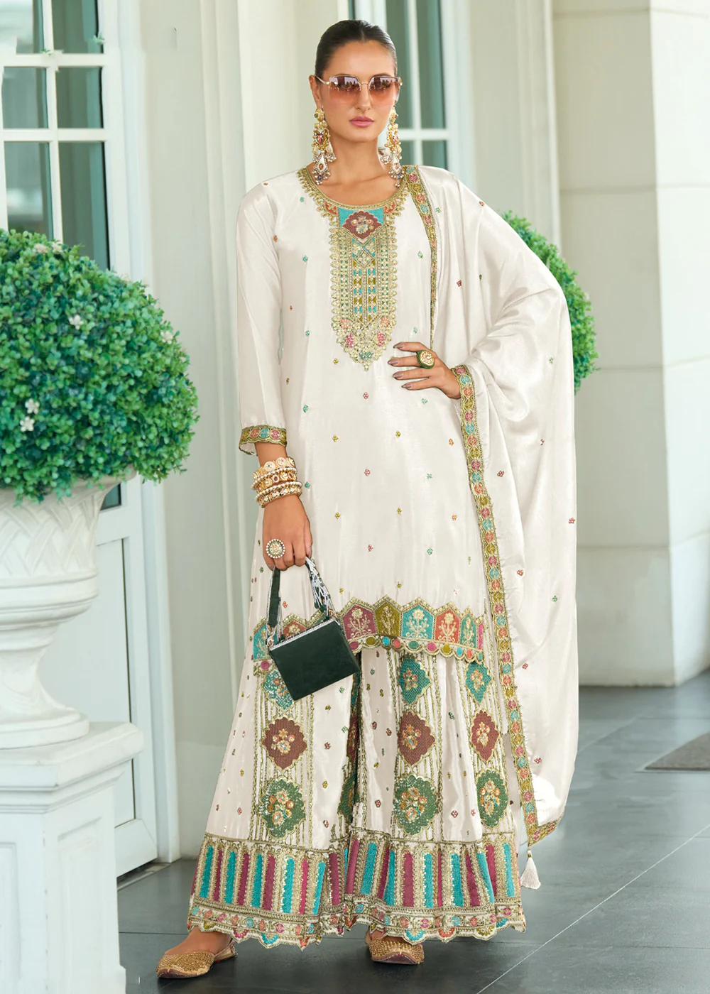 Wedding Style Chinnon Pearl White Embroidered Palazzo Suit