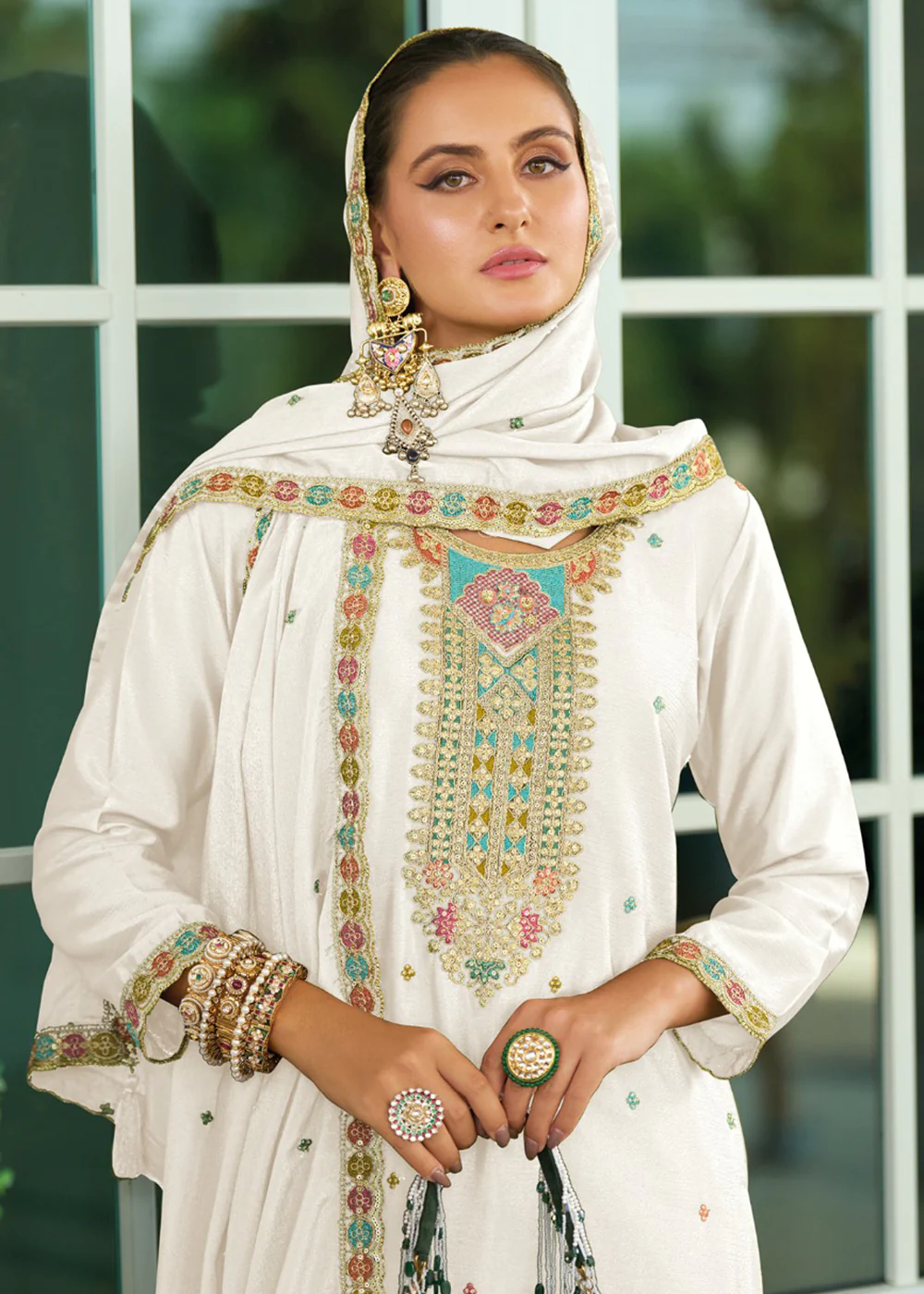 Wedding Style Chinnon Pearl White Embroidered Palazzo Suit - Image 2