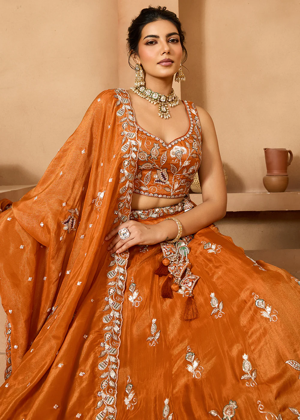Wedding Style Orange Tissue Fabric Lehenga Choli - Image 2