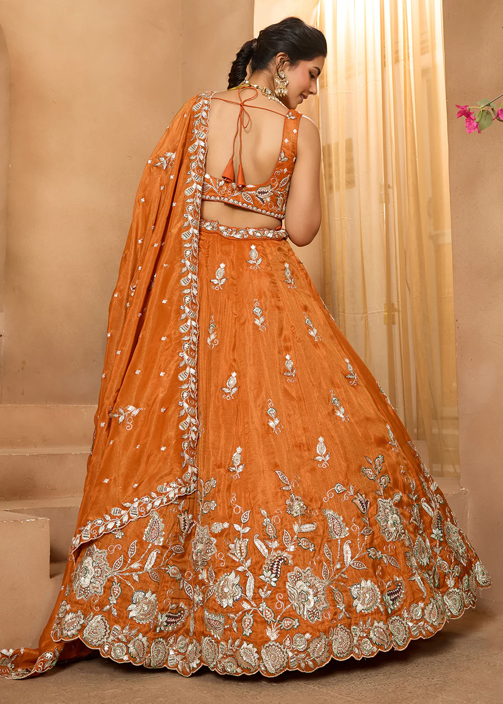 Wedding Style Orange Tissue Fabric Lehenga Choli - Image 3