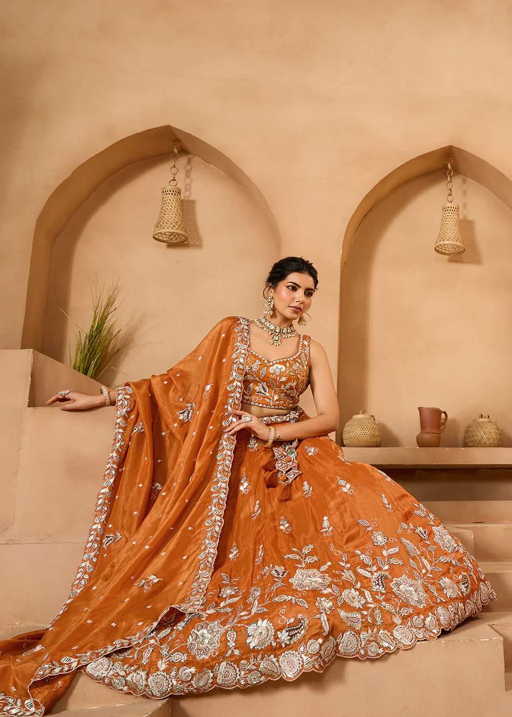 Wedding Style Orange Tissue Fabric Lehenga Choli - Image 4