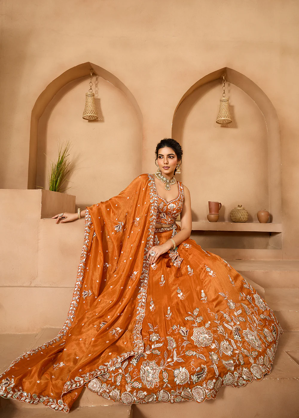 Wedding Style Orange Tissue Fabric Lehenga Choli - Image 7