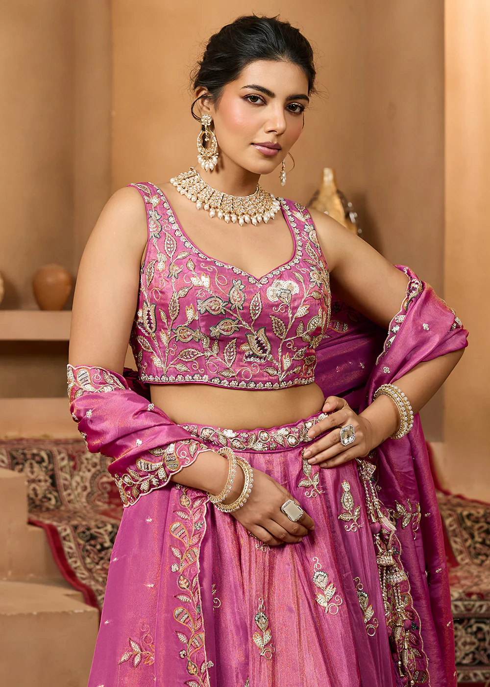 Wedding Style Pink Tissue Fabric Lehenga Choli - Image 2