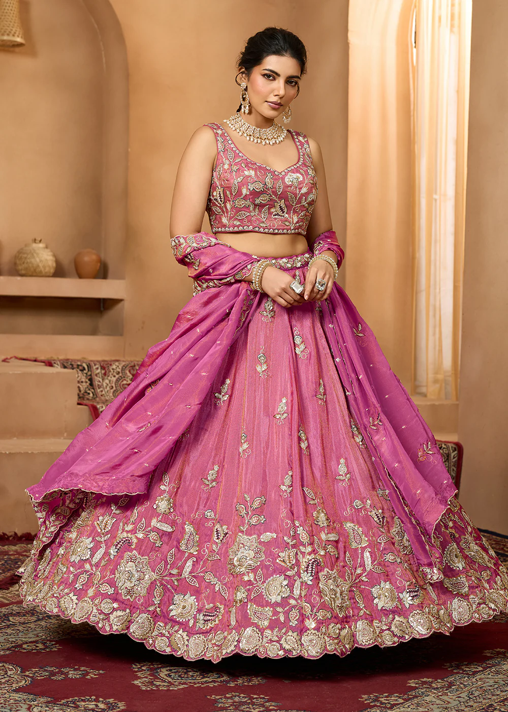 Wedding Style Pink Tissue Fabric Lehenga Choli - Image 4