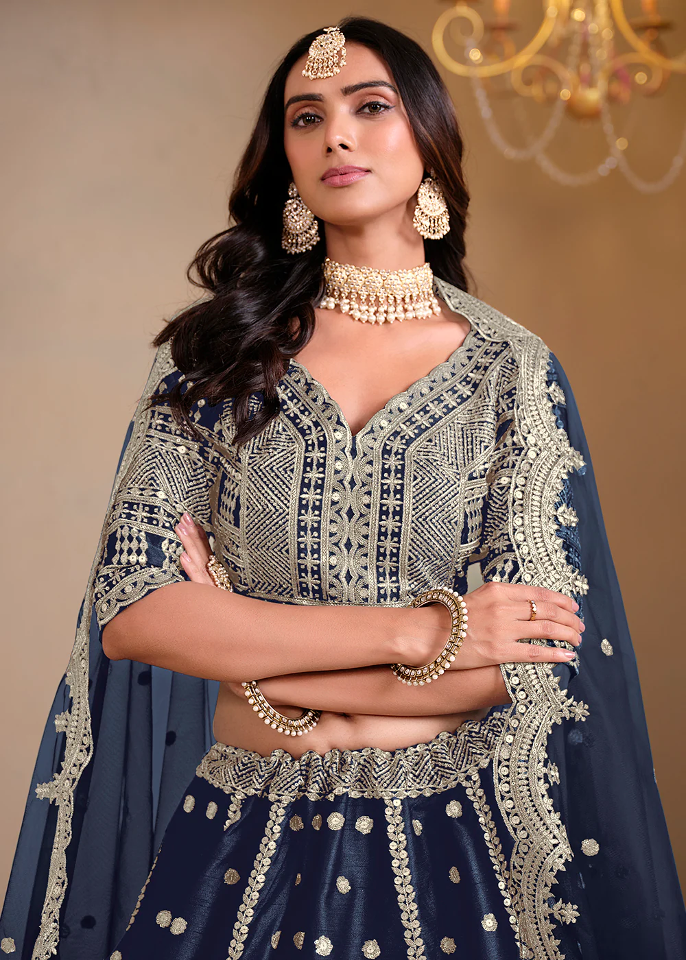 Wedding Wear Blue Embroidered A Line Lehenga Choli - Image 2