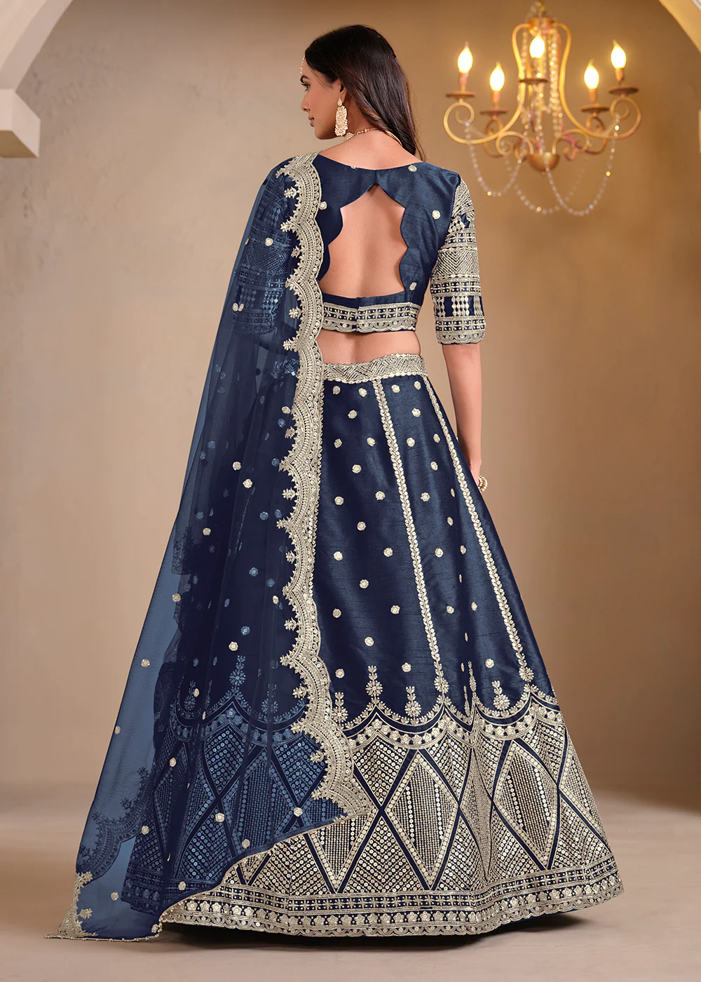 Wedding Wear Blue Embroidered A Line Lehenga Choli - Image 3