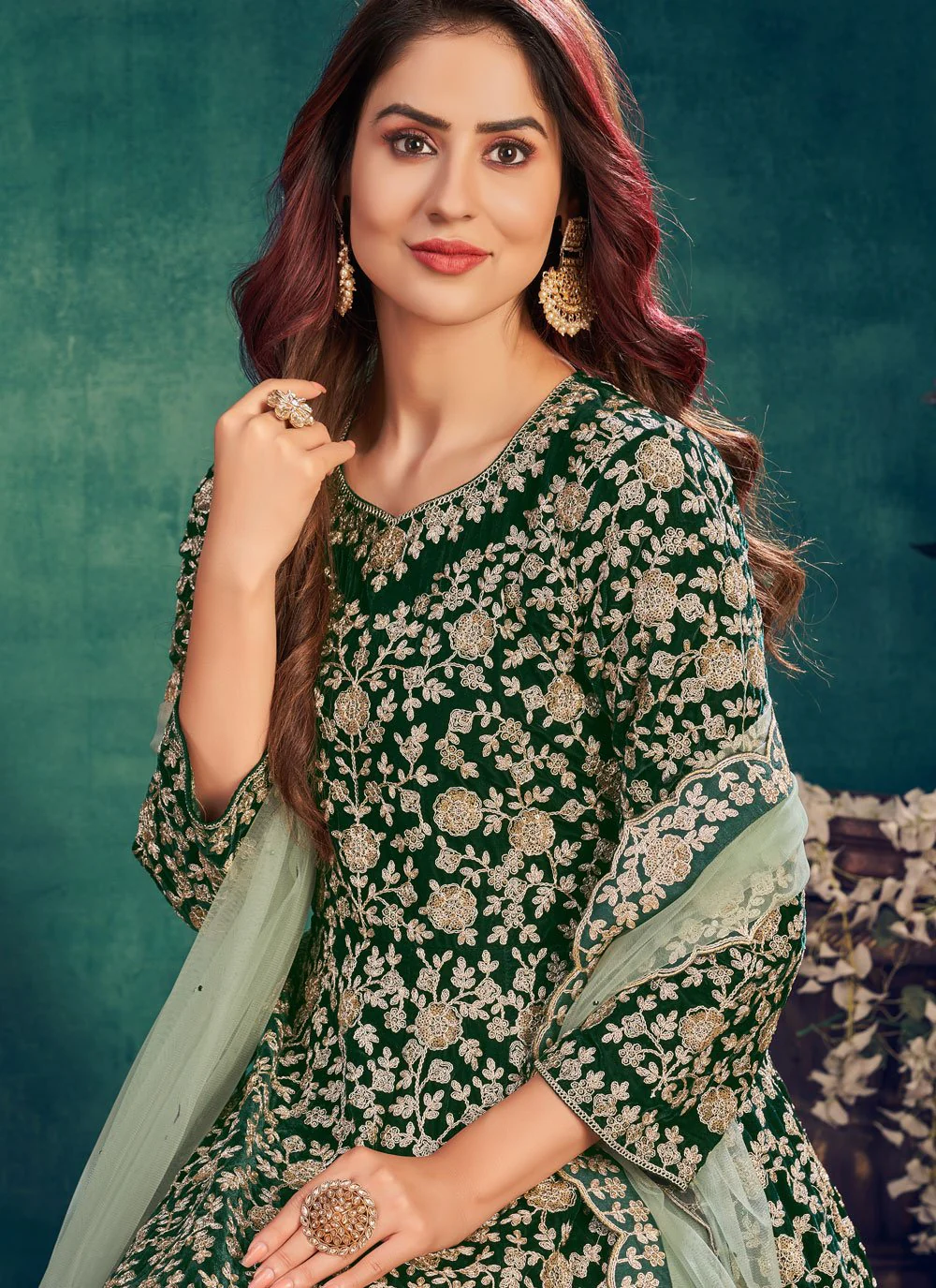Wedding Wear Bottle Green Velvet Designer Anarkali Suit - Image 2