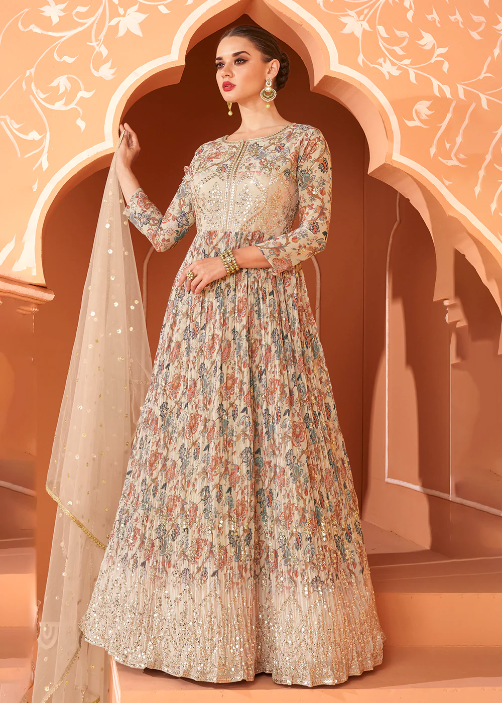 Wedding Wear Floral Embroidered Beige Anarkali Suit