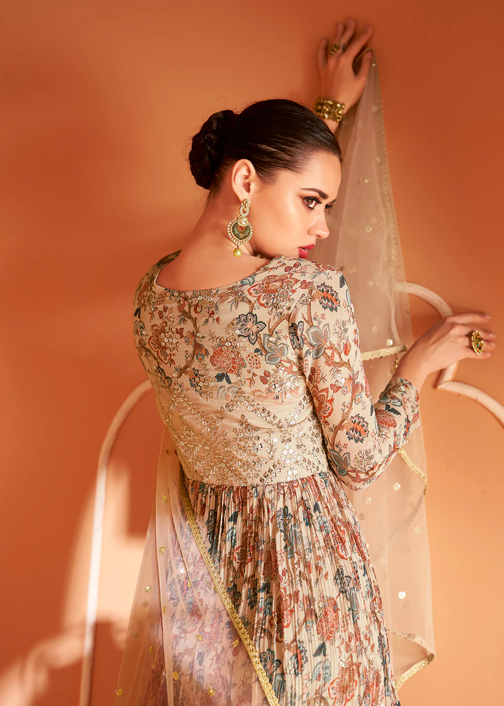Wedding Wear Floral Embroidered Beige Anarkali Suit - Image 3