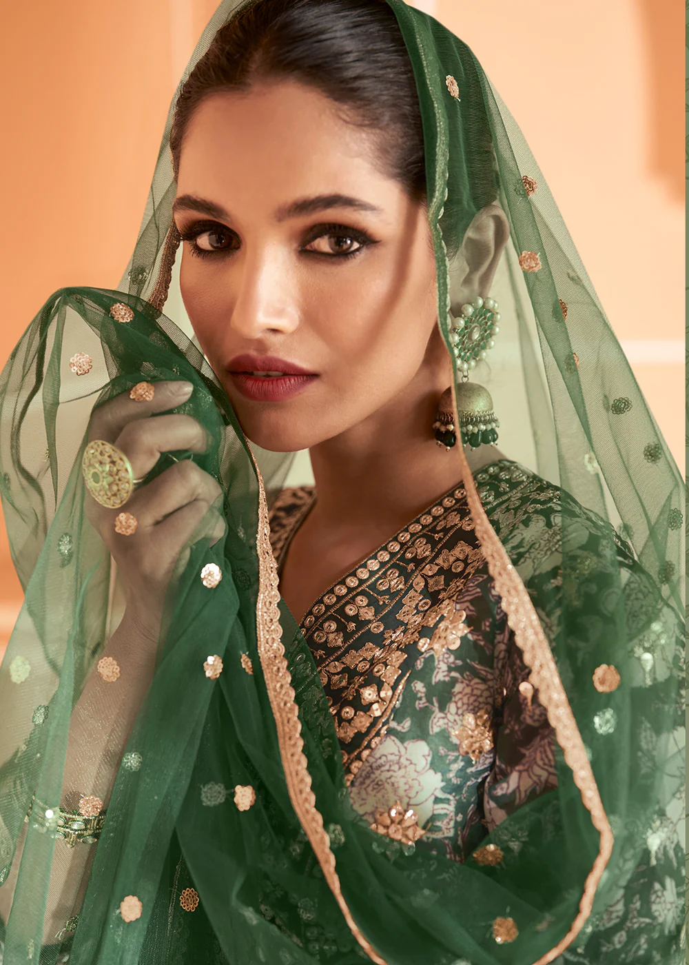 Wedding Wear Floral Embroidered Green Anarkali Suit - Image 2