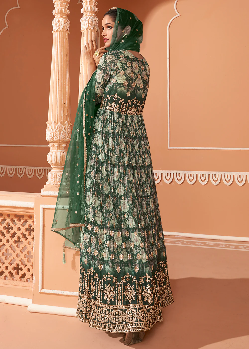 Wedding Wear Floral Embroidered Green Anarkali Suit - Image 3