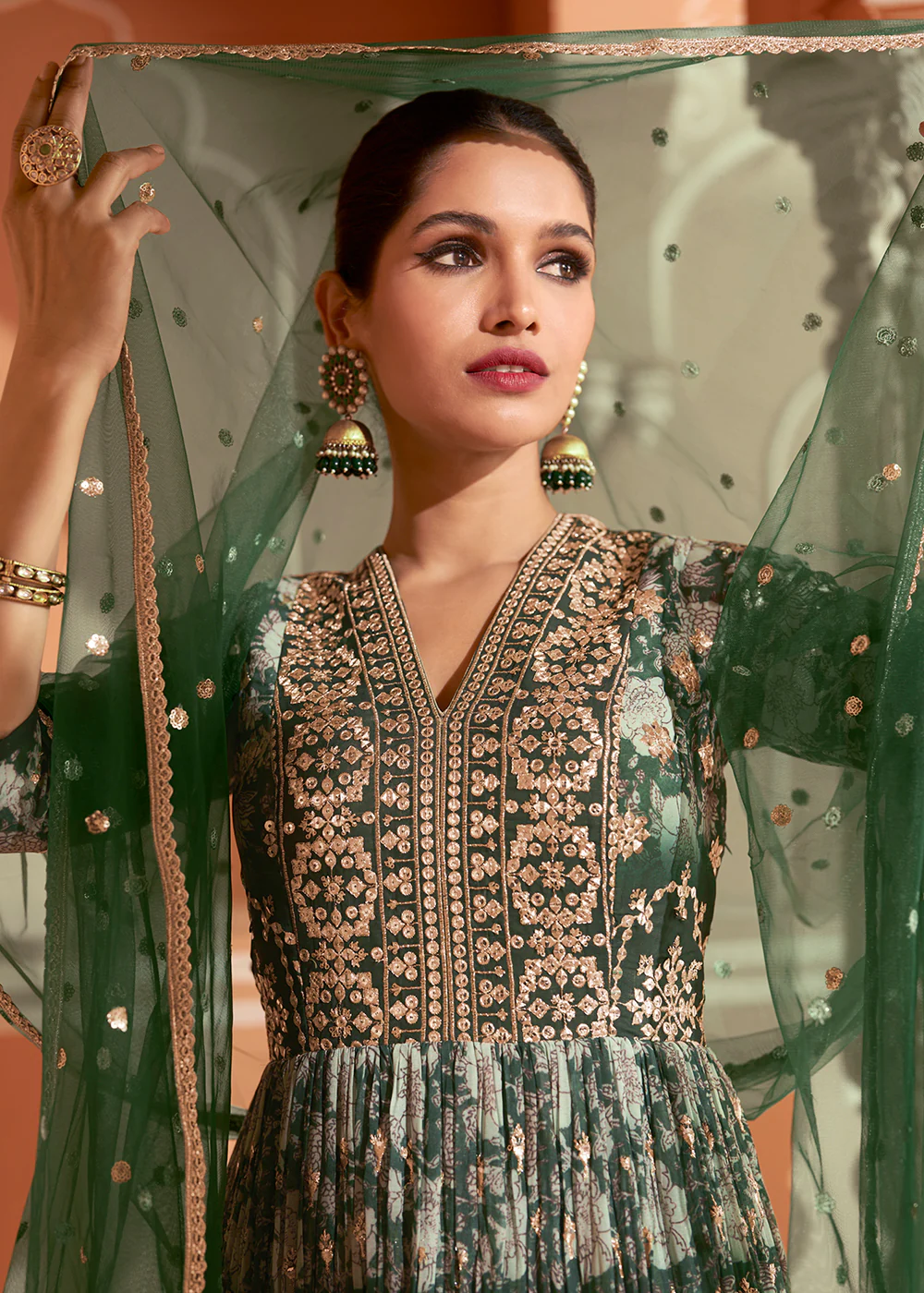 Wedding Wear Floral Embroidered Green Anarkali Suit - Image 4