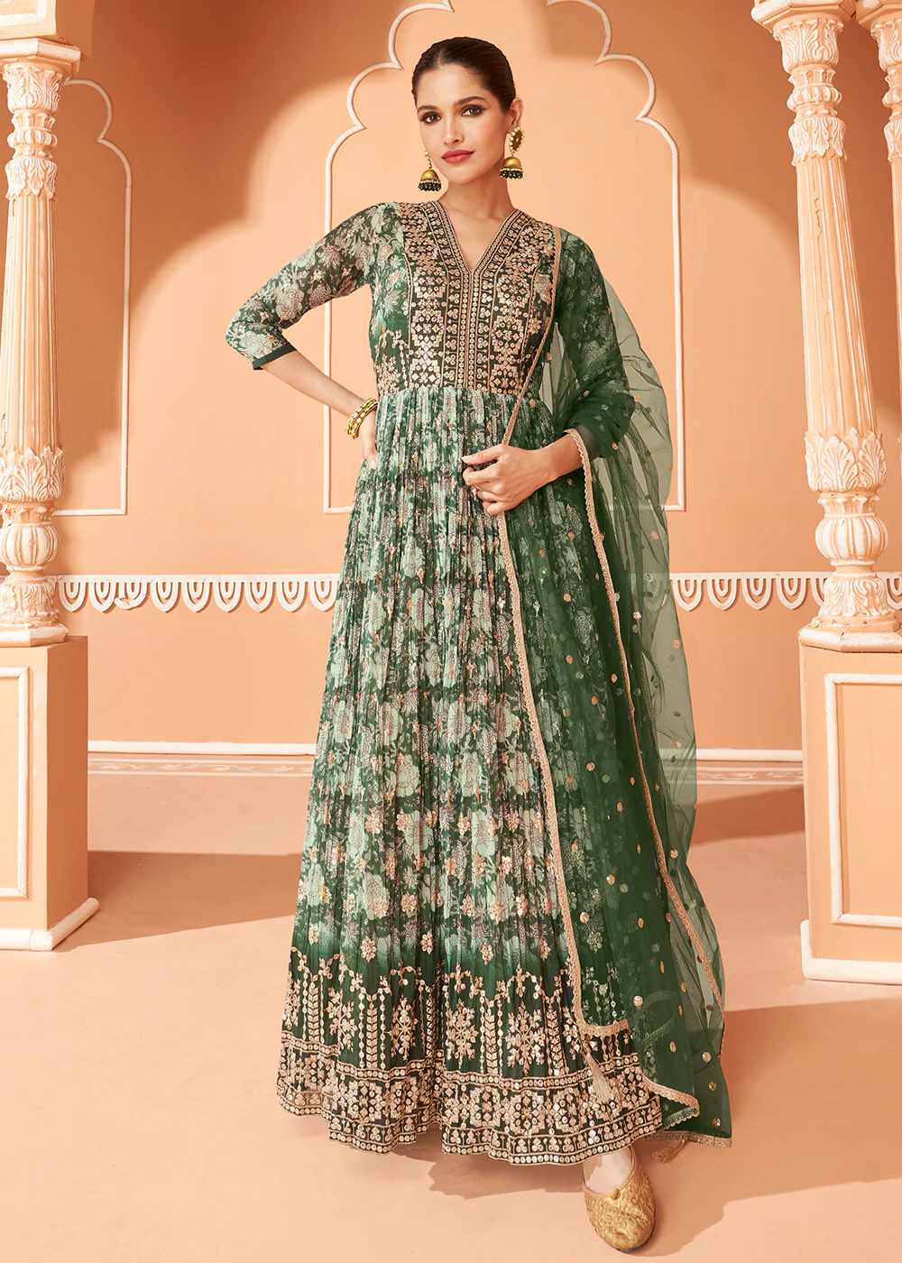 Wedding Wear Floral Embroidered Green Anarkali Suit - Image 5