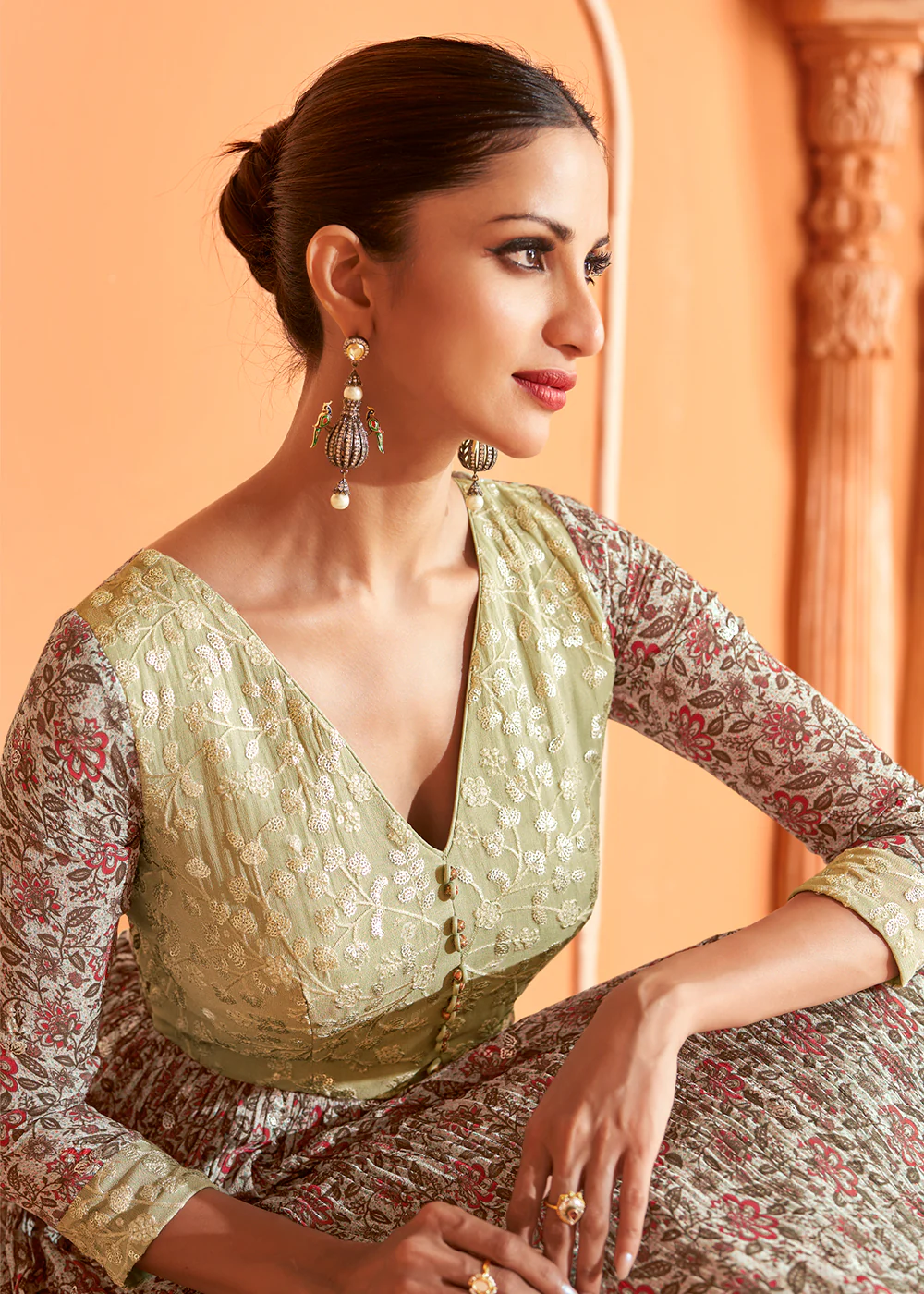 Wedding Wear Floral Embroidered Light Green Anarkali Suit - Image 2