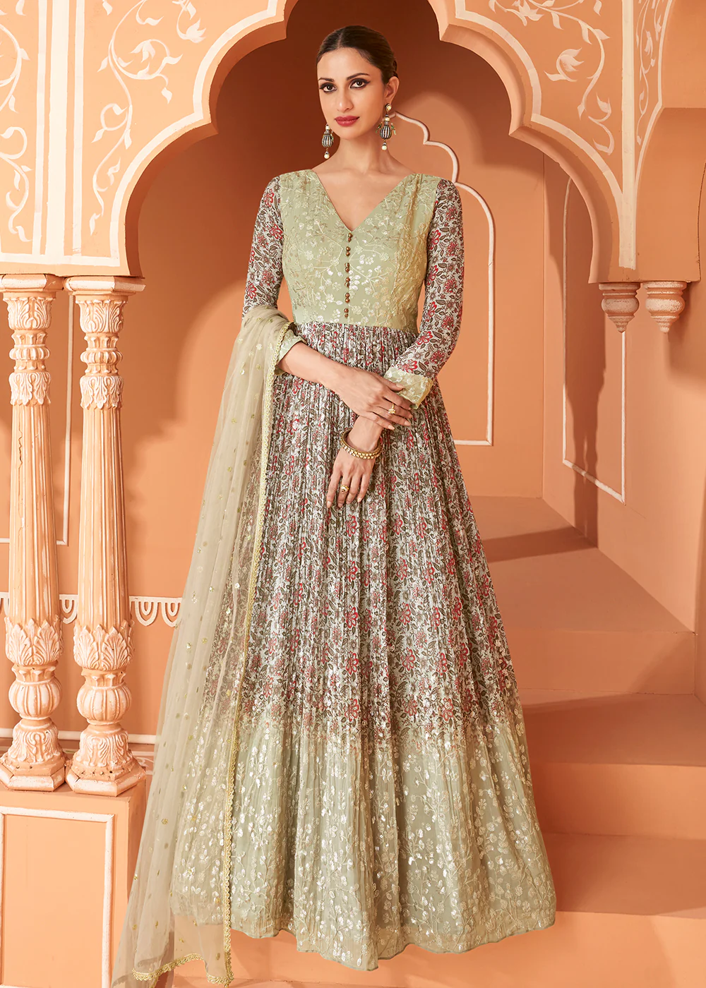 Wedding Wear Floral Embroidered Light Green Anarkali Suit - Image 5