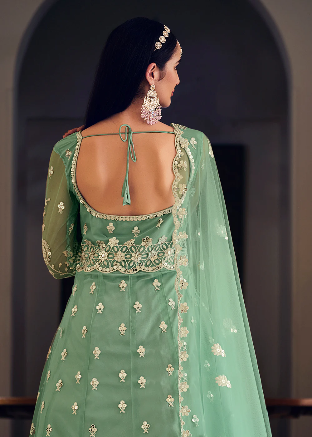 Wedding Wear Green Net Sequins Embroidered Anarkali Suit - Image 3