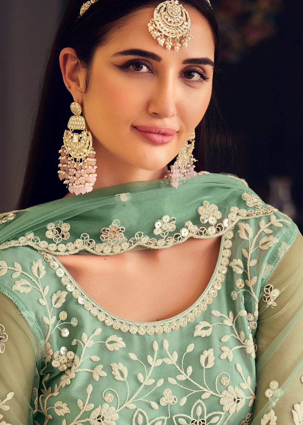 Wedding Wear Green Net Sequins Embroidered Anarkali Suit - Image 6