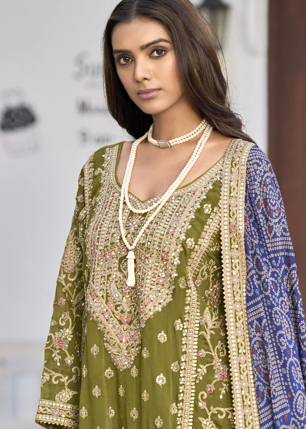Wedding Wear Green Palazzo Suit with Bandhej Dupatta - Image 2