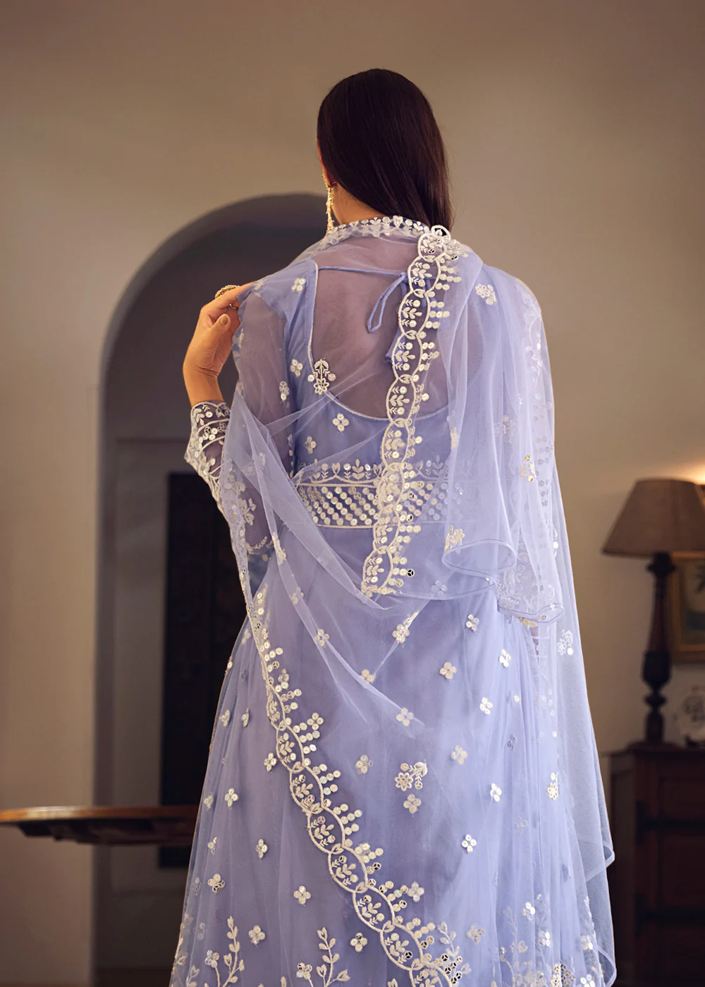Wedding Wear Lavender Net Sequins Embroidered Anarkali Suit - Image 3