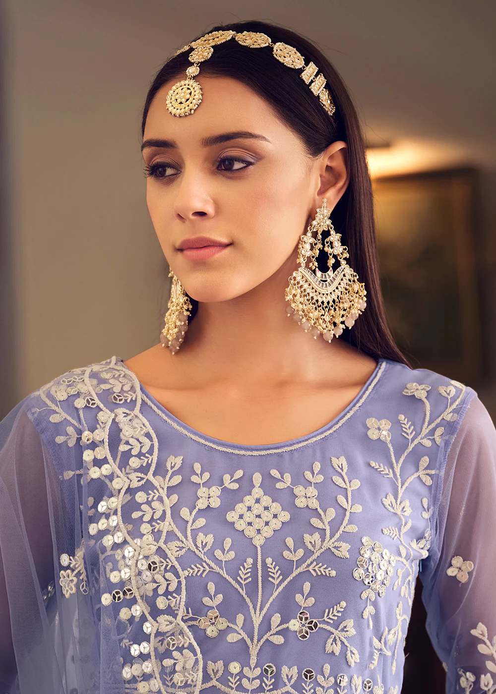 Wedding Wear Lavender Net Sequins Embroidered Anarkali Suit - Image 5