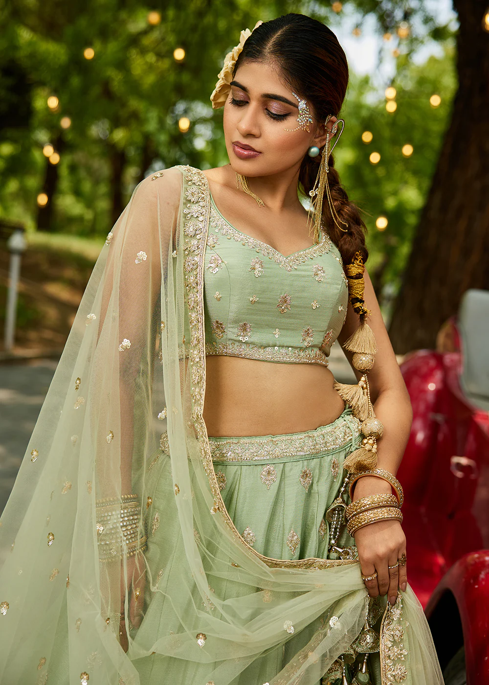 Wedding Wear Lime Green Chiffon Embroidered Lehenga Choli - Image 2