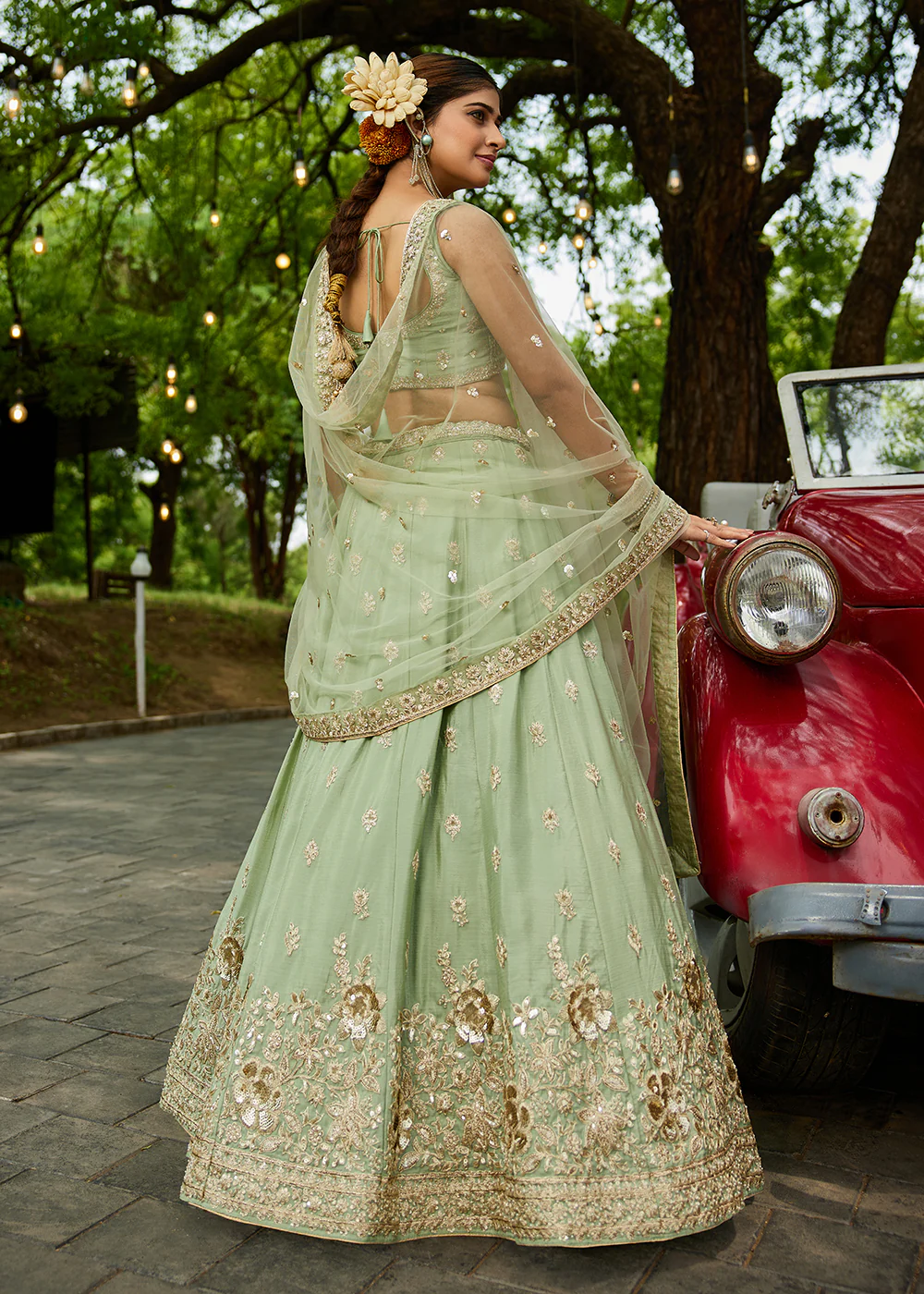 Wedding Wear Lime Green Chiffon Embroidered Lehenga Choli - Image 3