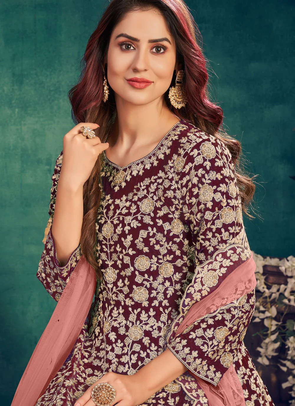 Wedding Wear Maroon Wine Velvet Designer Anarkali Suit - Image 2