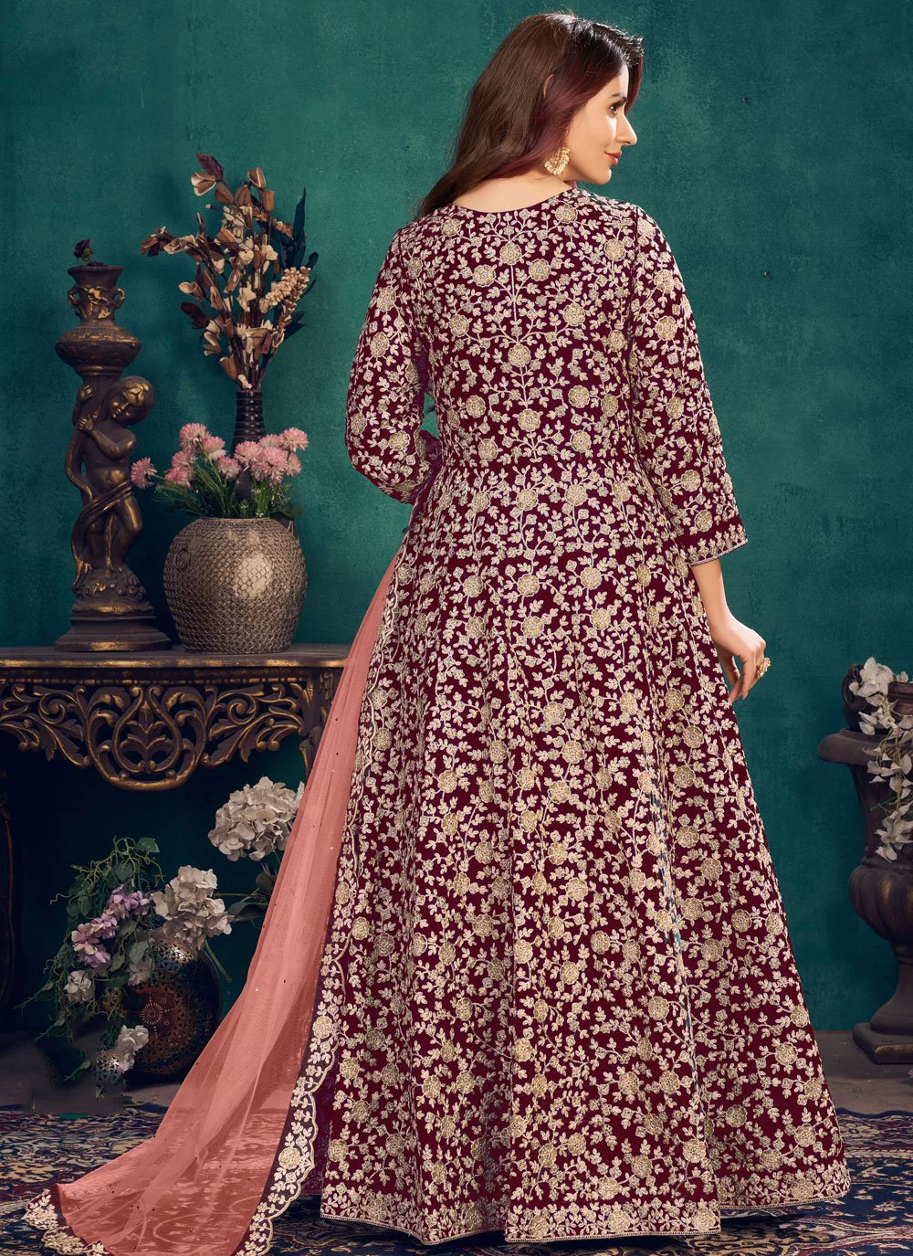 Wedding Wear Maroon Wine Velvet Designer Anarkali Suit - Image 3