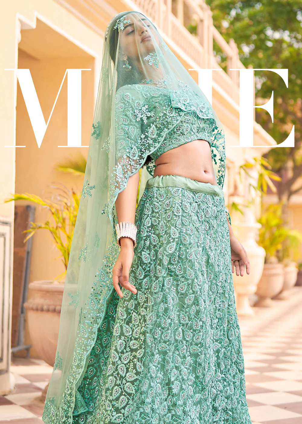 Wedding Wear Mint Blue Heavy Embroidered Bridal Lehenga Choli - Image 4