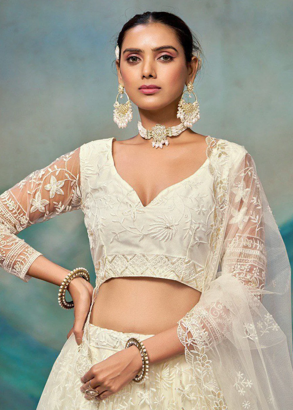 Wedding Wear Net Off White Embroidered Lehenga Choli - Image 2