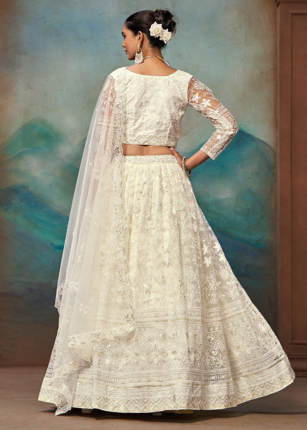 Wedding Wear Net Off White Embroidered Lehenga Choli - Image 3