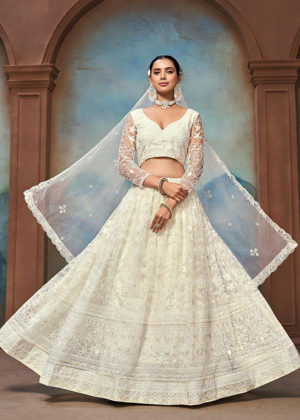 Wedding Wear Net Off White Embroidered Lehenga Choli - Image 4