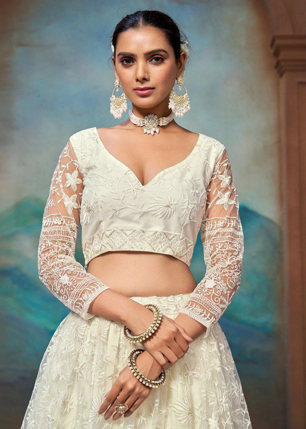 Wedding Wear Net Off White Embroidered Lehenga Choli - Image 5