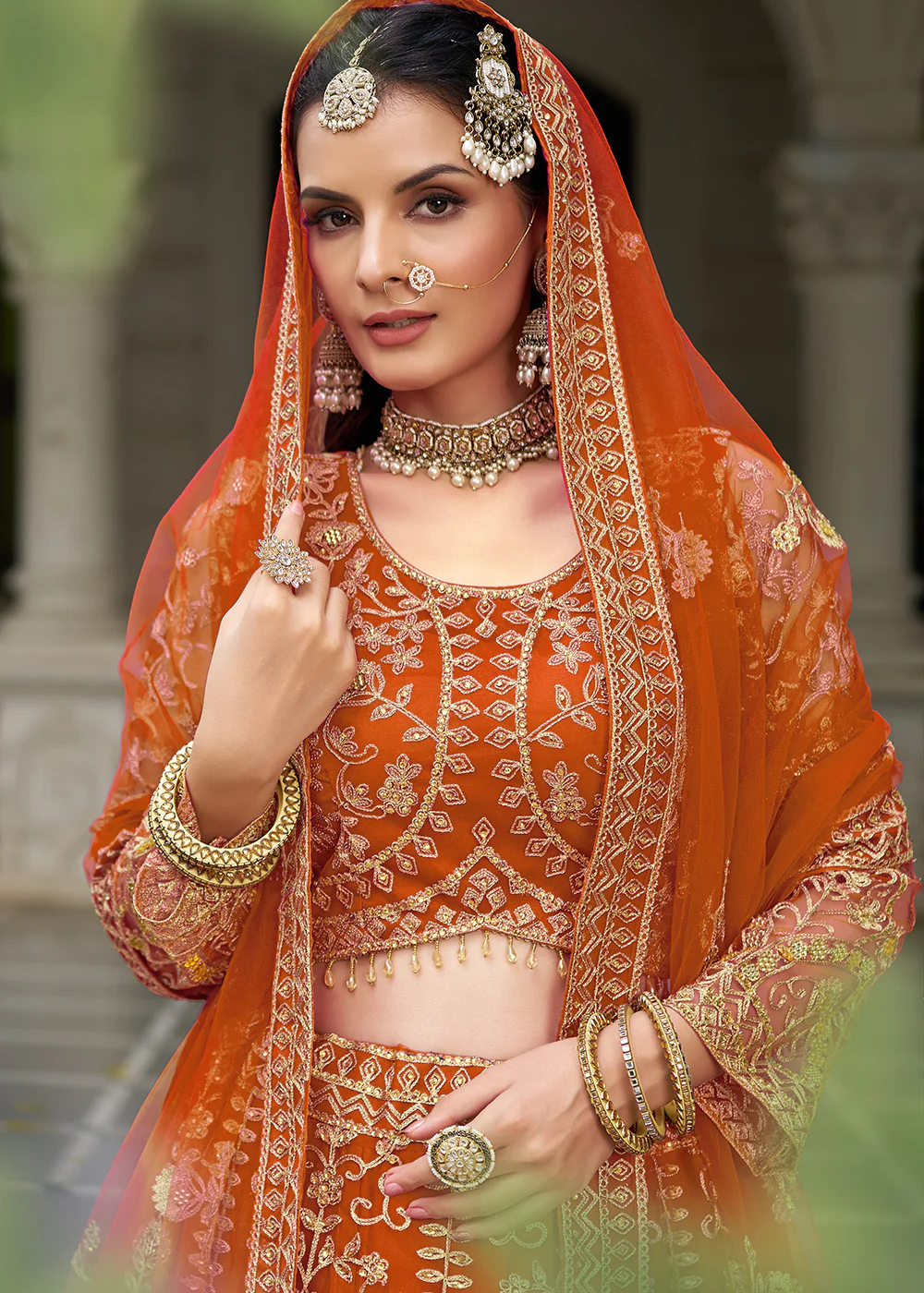Wedding Wear Net Orange Embroidered Lehenga Choli - Image 2