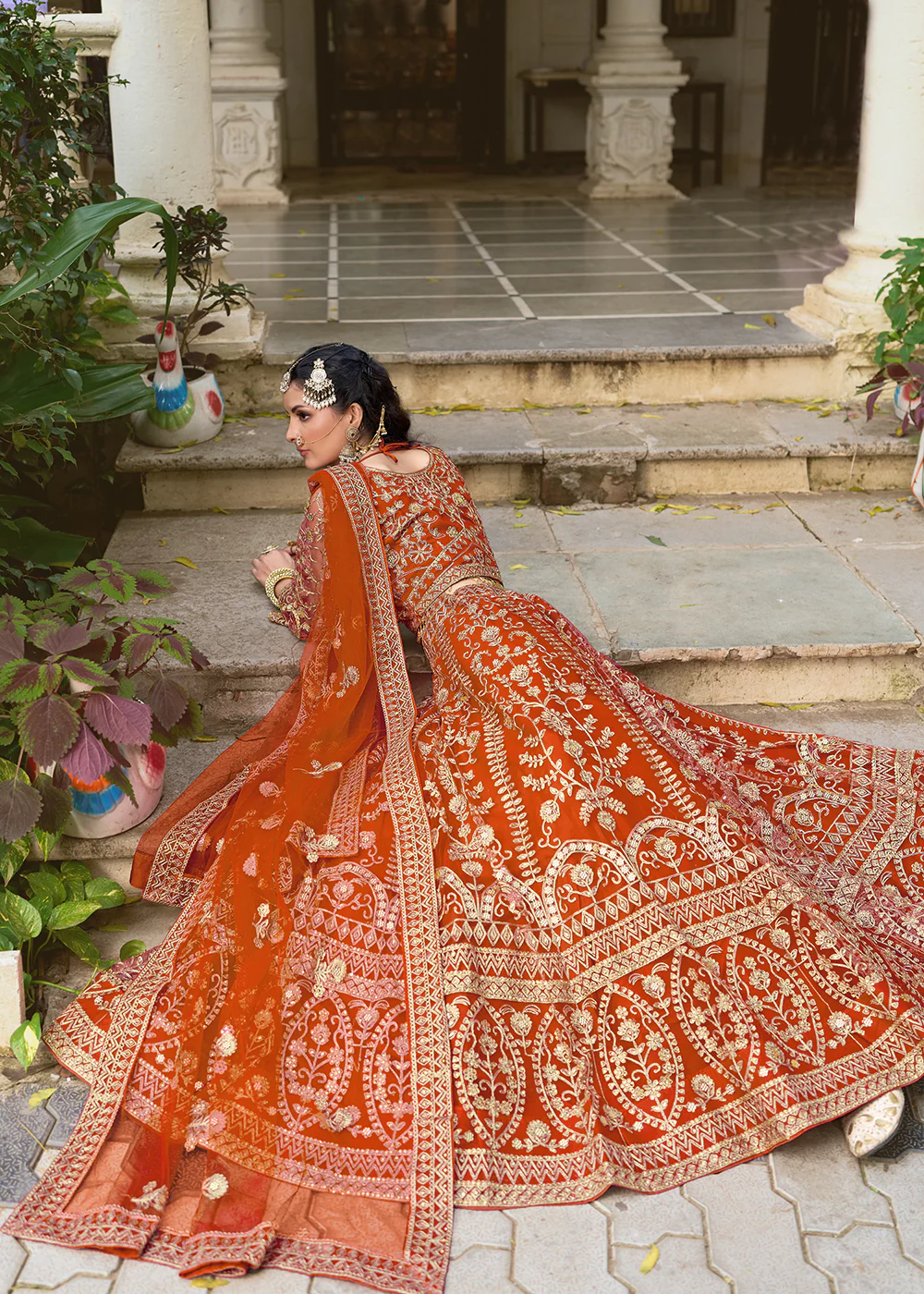 Wedding Wear Net Orange Embroidered Lehenga Choli - Image 3