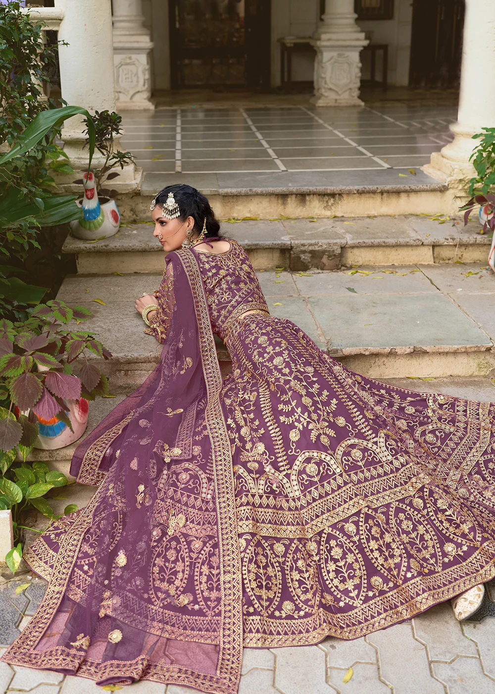 Wedding Wear Net Purple Embroidered Lehenga Choli - Image 3