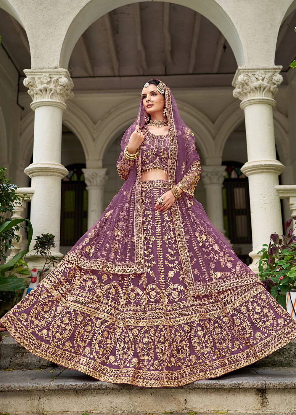 Wedding Wear Net Purple Embroidered Lehenga Choli - Image 4