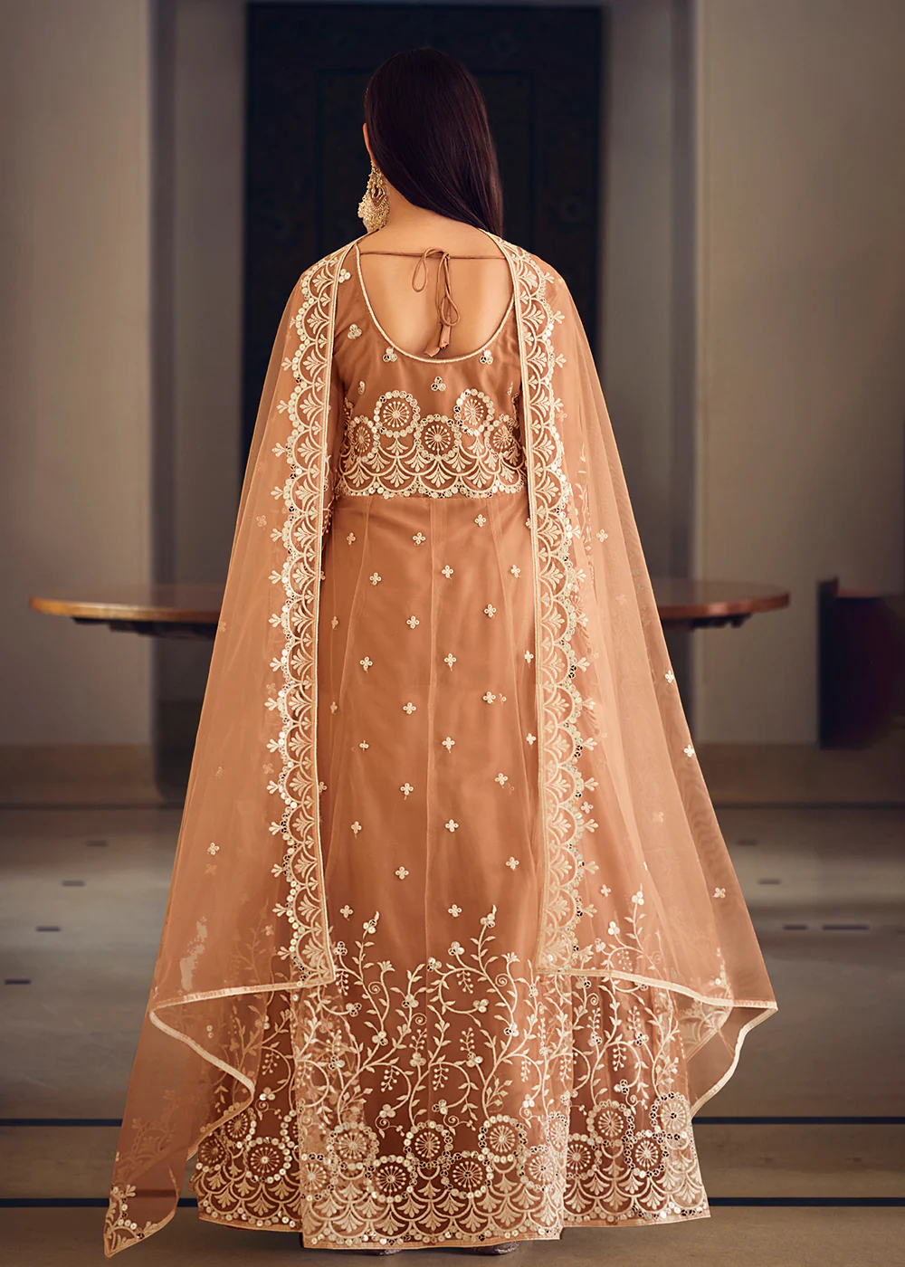 Wedding Wear Peach Net Sequins Embroidered Anarkali Suit - Image 3